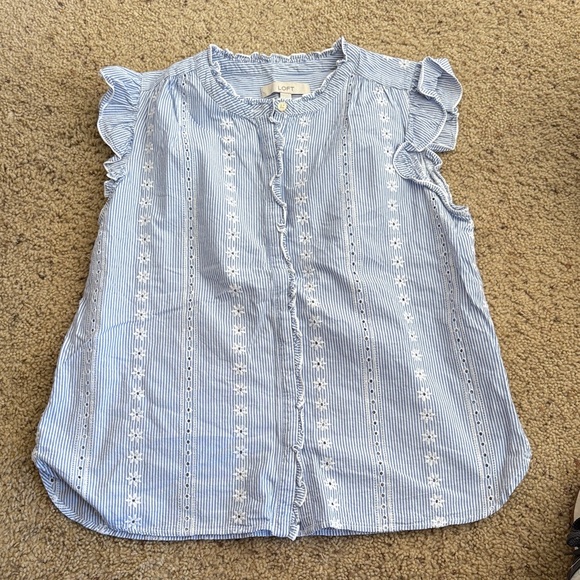 LOFT Tops - LOFT Light Blue and White Embroidered Top
